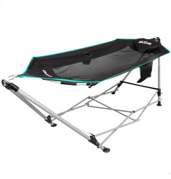 Hamaca plegable camping 265x78x80 cm negra con posavasos