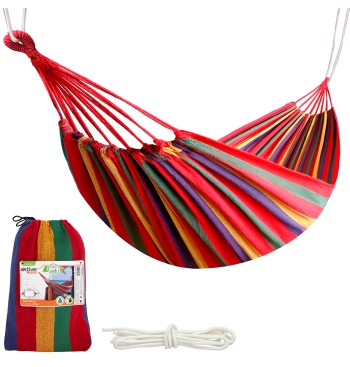 Hamaca colgante de algodón rayas rojo c/bolsa y cuerdas