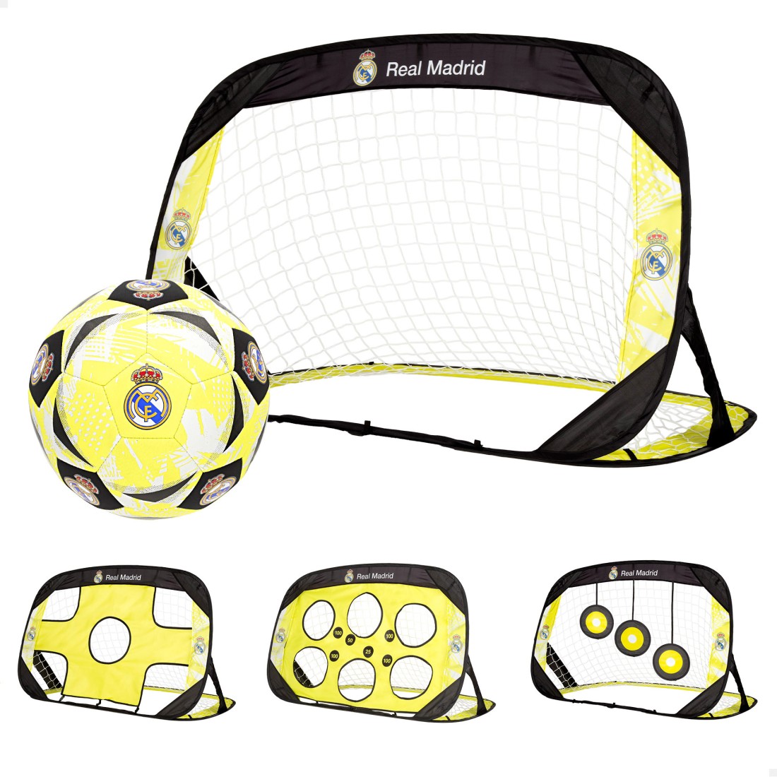 Pack real madrid portería pop-up 4 en 1 y balón de fútbol playa
