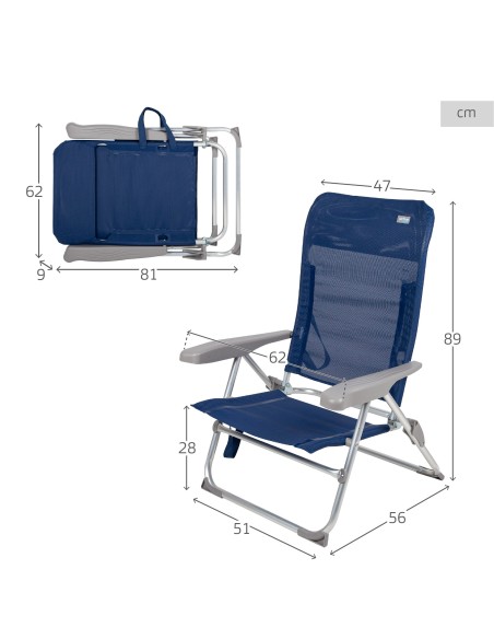 Silla playa plegado slim multiposición 47x56x89 cm azul