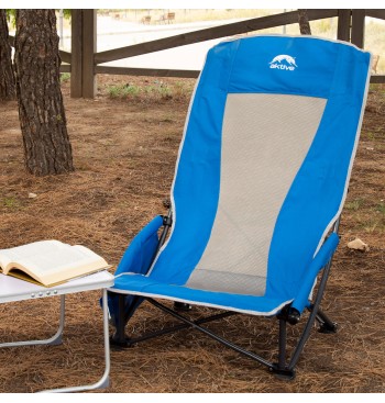 Silla plegable baja y transpirable azul con posavasos 2