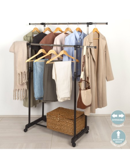 Max Home Burro ropa doble barra ajustable en largo y alto con ruedas y rejilla inferior