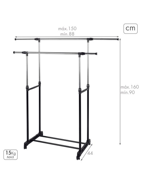 Max Home Burro ropa doble barra ajustable en largo y alto con ruedas y rejilla inferior