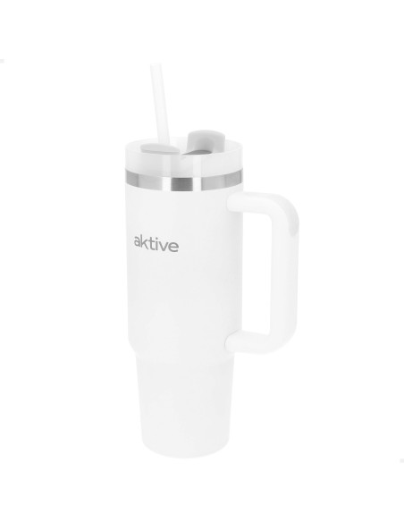 Vaso térmico blanco 900 ml inox tapa rosca 3 posiciones con pajita y asa ergonómica