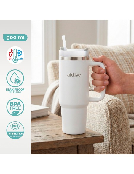 Vaso térmico blanco 900 ml inox tapa rosca 3 posiciones con pajita y asa ergonómica