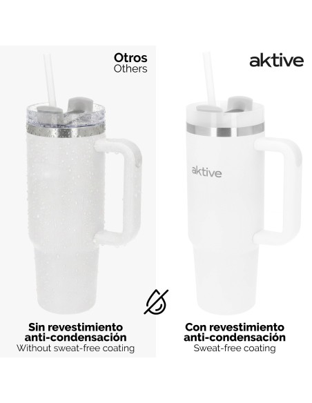 Vaso térmico blanco 900 ml inox tapa rosca 3 posiciones con pajita y asa ergonómica