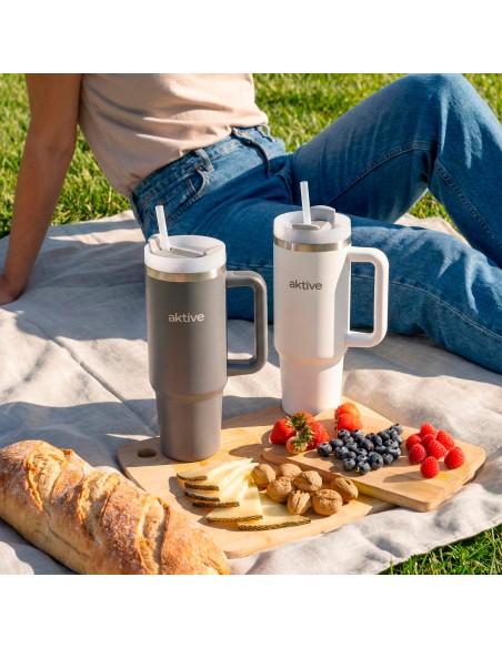 Vaso térmico blanco 900 ml inox tapa rosca 3 posiciones con pajita y asa ergonómica