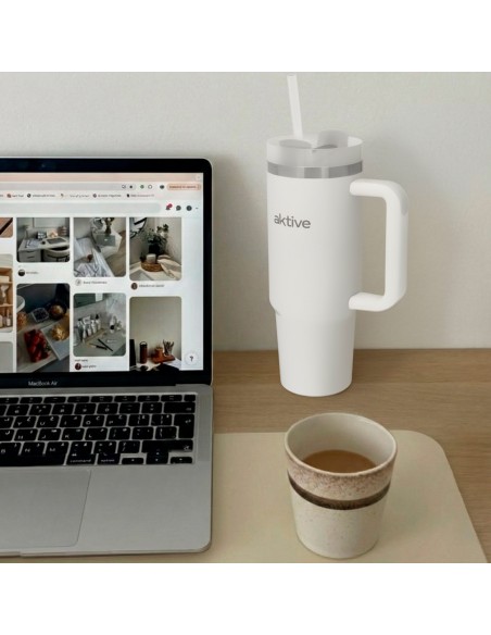 Vaso térmico blanco 900 ml inox tapa rosca 3 posiciones con pajita y asa ergonómica