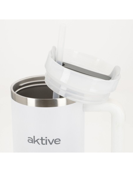 Vaso térmico blanco 900 ml inox tapa rosca 3 posiciones con pajita y asa ergonómica