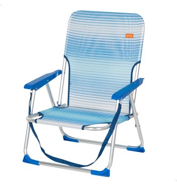 Silla de playa baja plegable rayas azul con asa de hombro