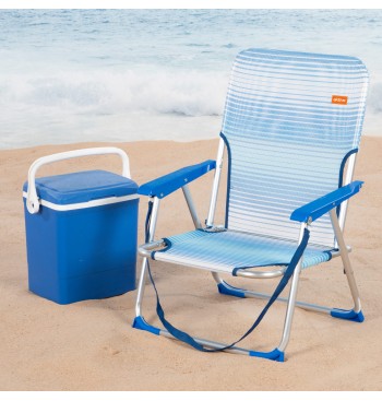 Silla de playa baja plegable rayas azul con asa de hombro 2