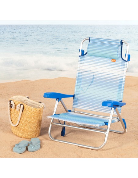 Silla playa baja multiposición 47x49x82 cm rayas azul