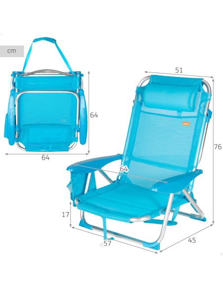 Silla de playa baja plegable y multiposición 51x45x76 cm azul