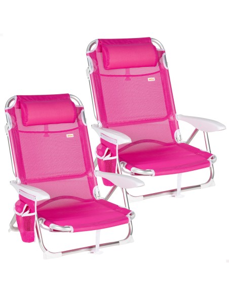 Pack 2 sillas playa baja multiposición 51x45x76 cm fucsia con bolsillo