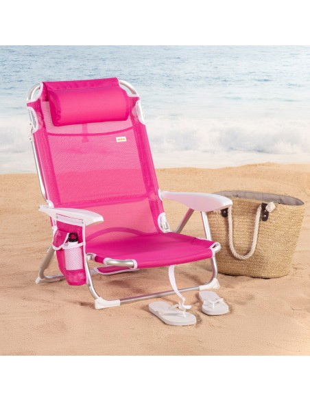 Pack 2 sillas playa baja multiposición 51x45x76 cm fucsia con bolsillo