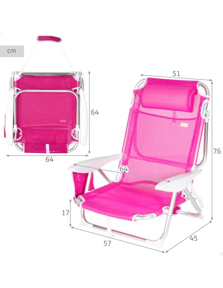 Pack 2 sillas playa baja multiposición 51x45x76 cm fucsia con bolsillo