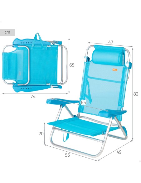 Pack de 2 sillas playa baja multiposición 47x49x82 cm azul