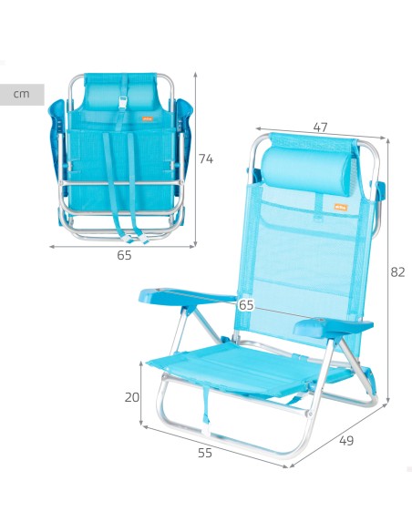 Pack 2 sillas playa baja multiposición 47x49x82 cm azul claro
