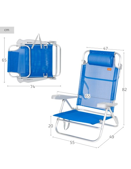 Silla playa baja multiposición 47x49x82 cm azul