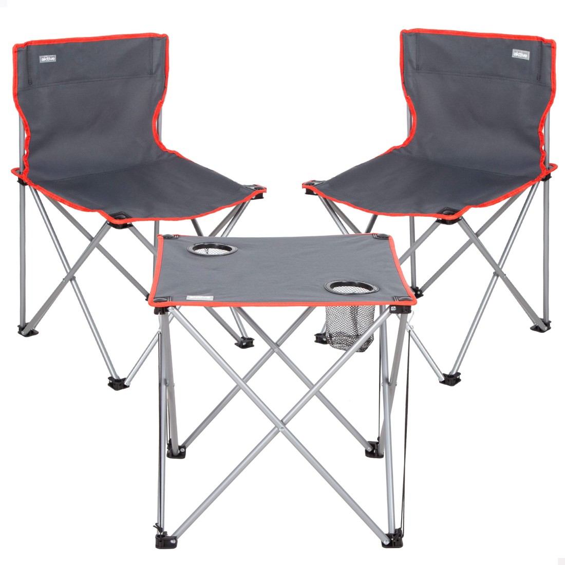 Conjunto mesa y 2 sillas camping acero