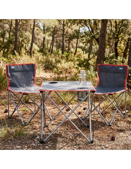 Conjunto mesa y 2 sillas camping acero