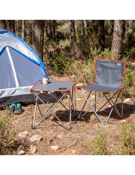 Conjunto mesa y 2 sillas camping acero