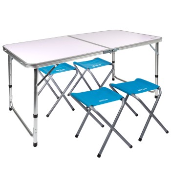 Mesa plegable regulable en altura con 4 taburetes