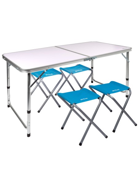 Mesa plegable regulable en altura con 4 taburetes