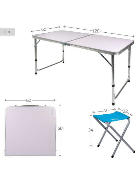 Mesa plegable regulable en altura con 4 taburetes