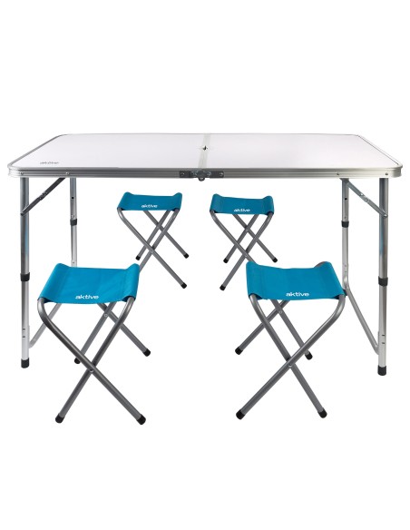 Mesa plegable regulable en altura con 4 taburetes