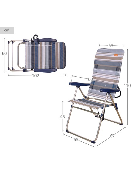 Set 2 sillas playa alta multiposición 47x66x108 cm rayas