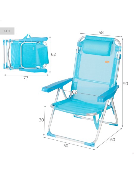 Pack de 2 sillas playa altas multiposición 48x60x90 cm azul