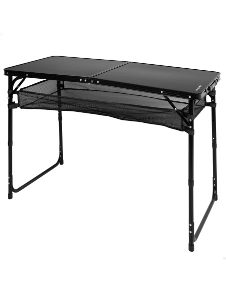 Mesa plegable camping ajustable en altura y antideslizante negra con red