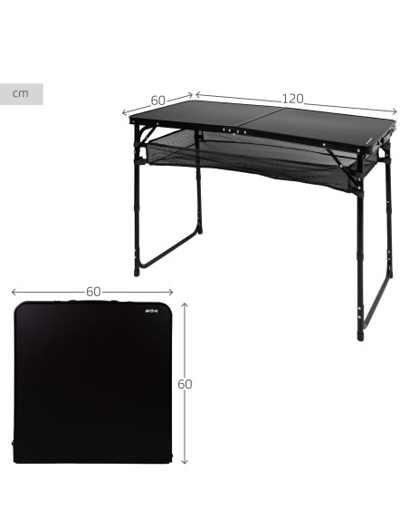 Mesa plegable camping ajustable en altura y antideslizante negra con red