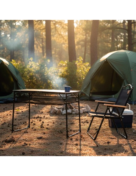 Mesa plegable camping ajustable en altura y antideslizante negra con red