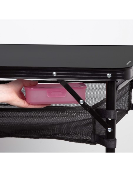 Mesa plegable camping ajustable en altura y antideslizante negra con red