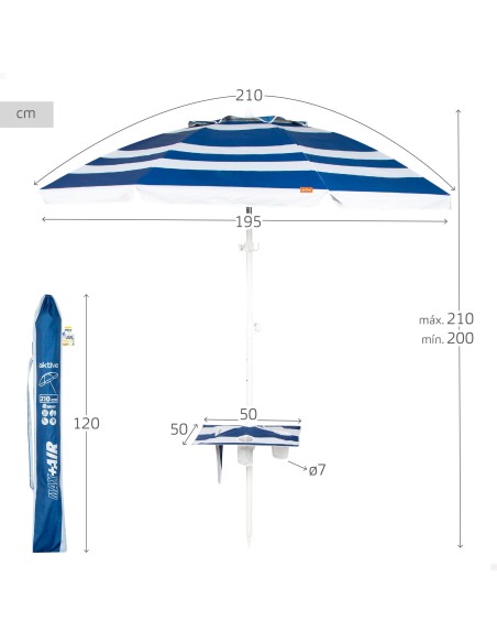 Sombrilla playa antiviento 8 varillas 210 cm rayas marineras con mesa
