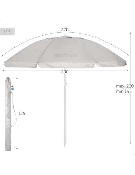 Sombrilla playa 8 varillas 220 cm gris inclinable UV50