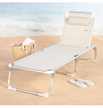 Tumbona playa multiposición 186x49x30 cm beige con cojín 2