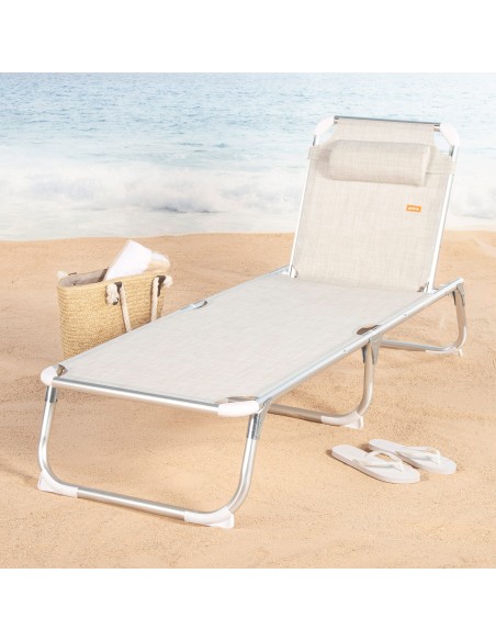 Tumbona playa multiposición 186x49x30 cm beige con cojín