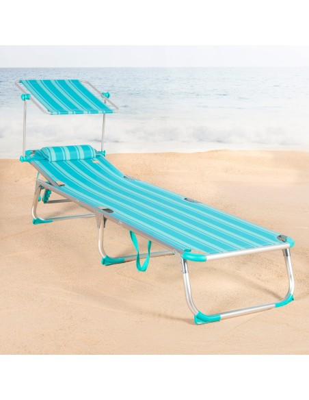 Tumbona playa multiposición 186x49x30 cm turquesa con parasol y cojín