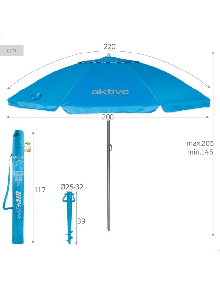Sombrilla playa 8 varillas 220 cm azul con soporte