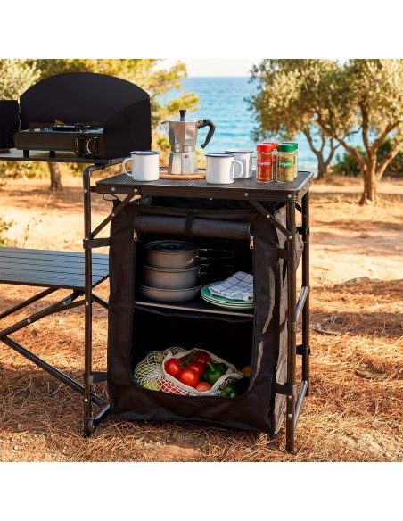 Armario cocina camping plegable 175x48x110 cm con paravientos, armarios y estantes