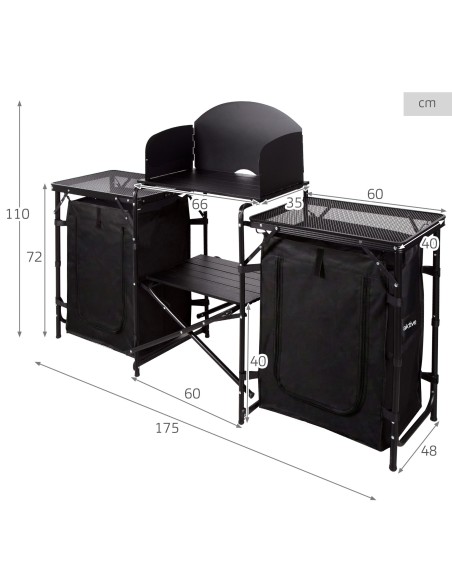 Armario cocina camping plegable 175x48x110 cm con paravientos, armarios y estantes