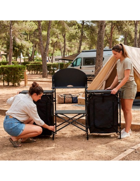Armario cocina camping plegable 175x48x110 cm con paravientos, armarios y estantes