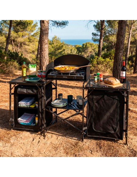 Armario cocina camping plegable 175x48x110 cm con paravientos, armarios y estantes