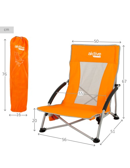 Pack 4 sillas de playa plegables bajas y transpirables 50x51x67 cm naranja con posavasos