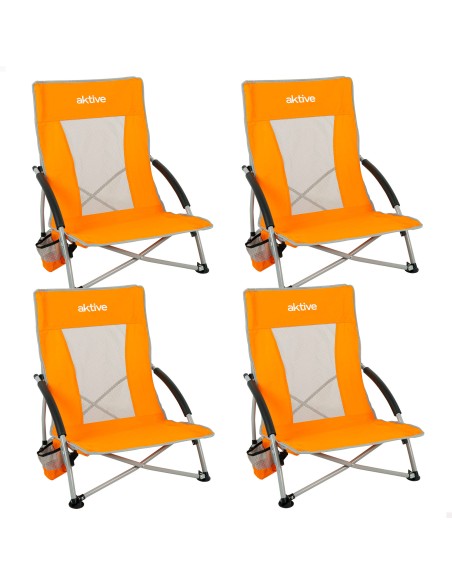 Pack 4 sillas de playa plegables bajas y transpirables 50x51x67 cm naranja con posavasos
