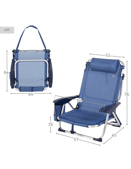 Pack 2 sillas playa bajas XL multiposición 51x45x76 cm azul marino