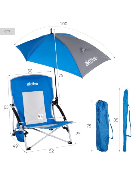 Silla plegable con sombrilla y posavasos 50x49x65 cm